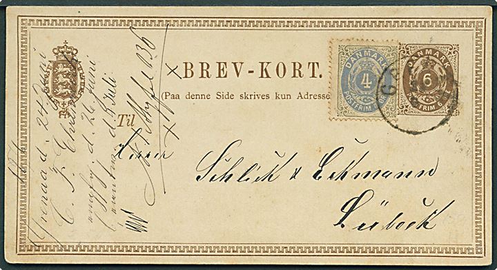 6 øre helsagsbrevkort opfrankeret med 4 øre Tofarvet annulleret med lapidar Grenaa d. 25.6.1876 til Lübeck, Tyskland.