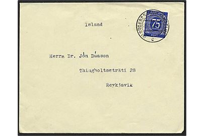 75 pfg. Fælles-udg. single på brev fra Süderbrarup (Angeln) d. 23.12.1946 til Reykjavik, Island. God destination.