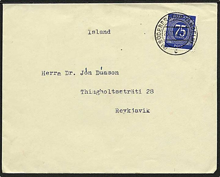 75 pfg. Fælles-udg. single på brev fra Süderbrarup (Angeln) d. 23.12.1946 til Reykjavik, Island. God destination.