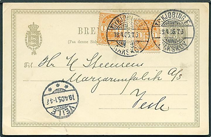 3 øre helsagsbrevkort opfrankeret med 1 øre Våben (2) fra Nakskov annulleret med bureaustempel Nykjøbing F. - Nakskov T.6 d. 16.4.1905 til Vejle.