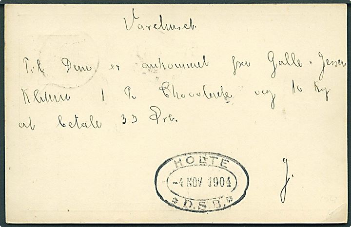 3 øre lokalt helsagsbrevkort anvendt som adviskort fra Holte d. 4.11.1904 til Øverød. På bagsiden ovalt jernbanestempel: Holte * D.S.B. * d. 4.11.1904.