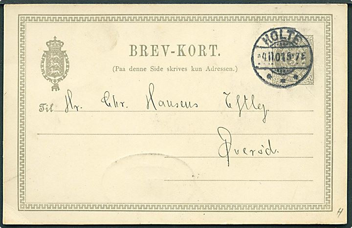 3 øre lokalt helsagsbrevkort anvendt som adviskort fra Holte d. 4.11.1904 til Øverød. På bagsiden ovalt jernbanestempel: Holte * D.S.B. * d. 4.11.1904.