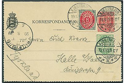 8 øre helsagskorrespondancekort opfrankeret med 8 øre Tofarvet omv. rm. og 5 øre Våben fra Kjøbenhavn d. 19.8.1899 til Halle, Tyskland.