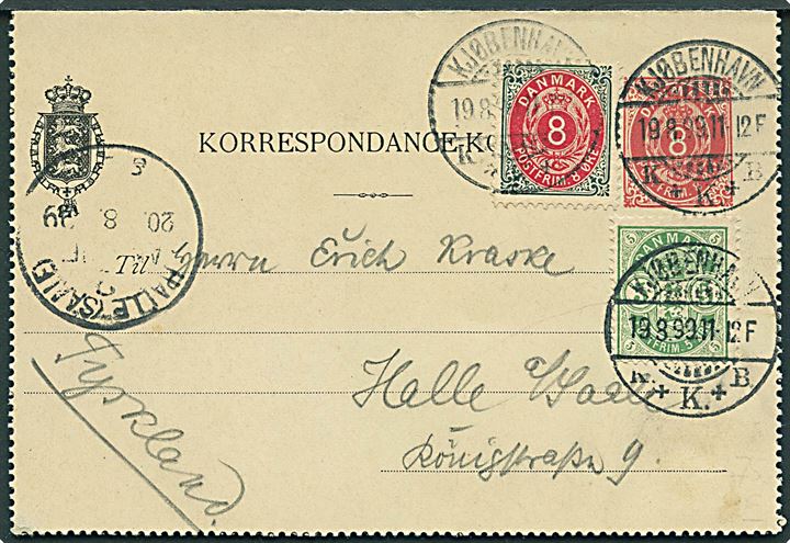 8 øre helsagskorrespondancekort opfrankeret med 8 øre Tofarvet omv. rm. og 5 øre Våben fra Kjøbenhavn d. 19.8.1899 til Halle, Tyskland.