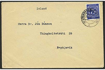 75 pfg. Fælles-udg. single på brev fra Süderbrarup (Angeln) d. 28.10.1946 til Reykjavik, Island. God destination.