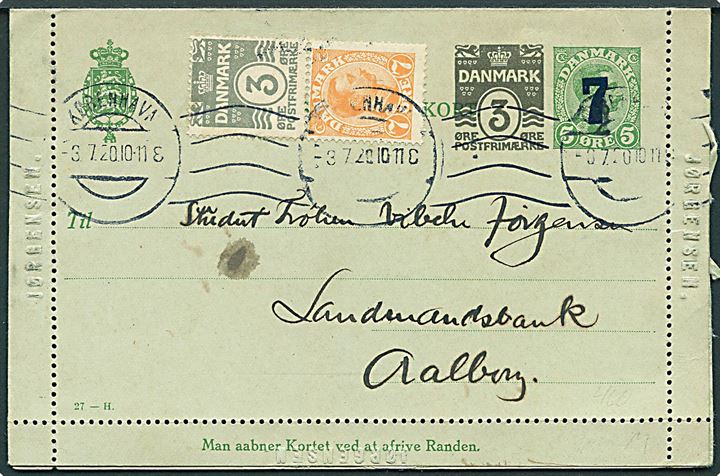 7/5+3 øre provisorisk helsagskorrespondancekort (fabr. 27-H) m. rand opfrankeret med 3 øre Bølgelinie og 7 øre Chr. X automatsammentryk fra København d. 3.7.1920 til Aalborg.