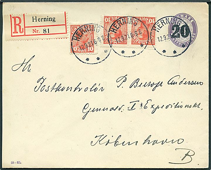 20/15 øre provisorisk helsagskuvert (fabr. 20-Kl.) opfrankeret med 10 øre Chr. X (3) sendt anbefalet fra Herning d. 12.9.1921 til København.