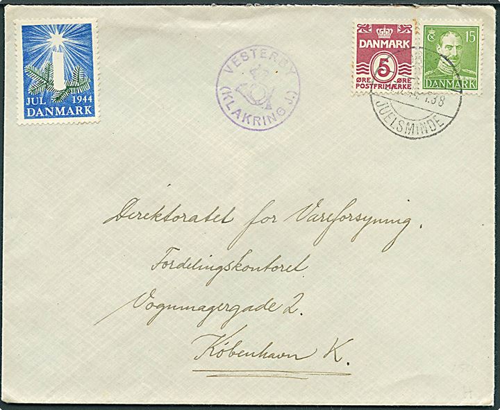 5 øre Bølgelinie og 15 øre Chr. X på brev annulleret med bureaustempel Horsens - Juelsminde T.38 d. 27.12.1944 og sidestemplet med posthornstempel VESTERBY (KLAKRING J.) til København.