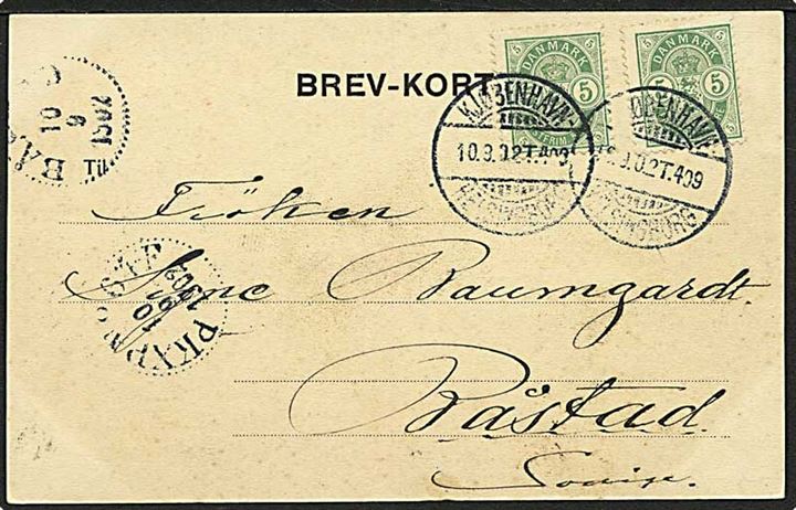 5 øre Våbentype (2) på brevkort (Restaurent Wivel, København) annulleret med bureaustempel Kjøbenhavn - Helsingborg T.409 d. 10.9.1902 til Råstad, Sverige.