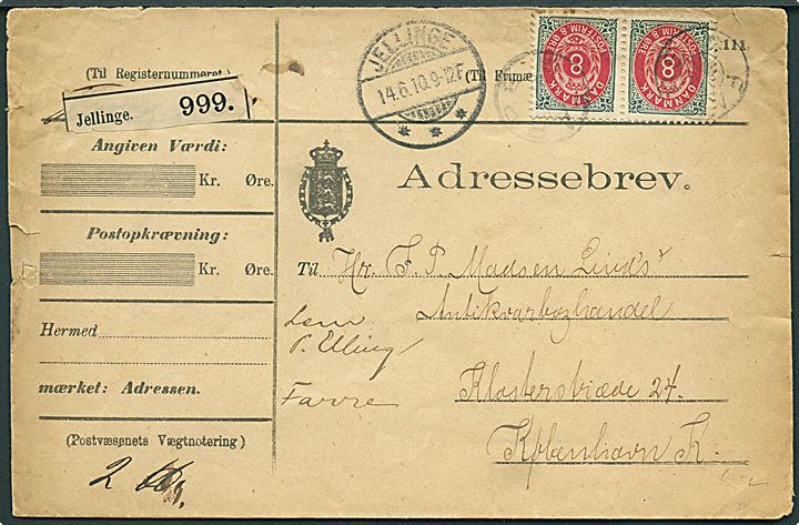 8 øre Tofarvet omv. rm. i parstykke på adressebrev annulleret med stjernestempel FARRE og sidestemplet Jellinge d. 14.6.1910 (Fejlindstillet for antagelig 1901) til Kjøbenhavn. 