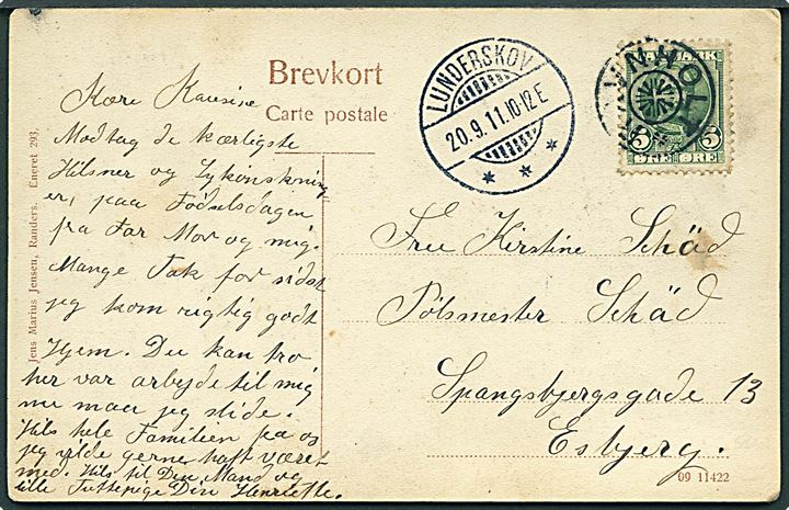 5 øre Fr. VIII på brevkort annulleret med stjernestempel RAVNHOLT og sidestemplet Lunderskov d. 20.9.1911 til Esbjerg.