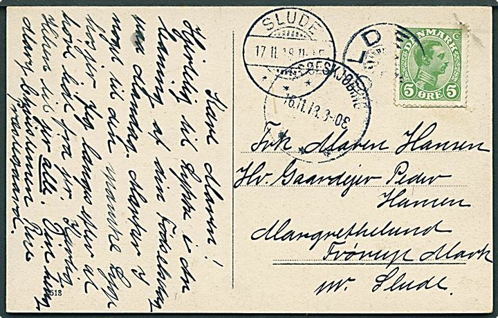5 øre Chr. X på brevkort annulleret med stjernestempel OLDE og sidestemplet Ærøeskjøbing d. 16.11.1918 til Frørup Mark pr. Sulde. Ank.stemplet brotype Ia Slude d. 17.11.1918.