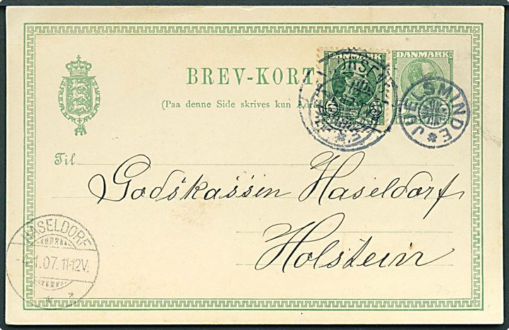 5 øre Chr. IX helsagsbrevkort opfrankeret med 5 øre Chr. IX annulleret med stjernestempel JUELSMINDE og sidestemplet Horsens d. 3.1.1907 til Haseldorf, Tyskland.