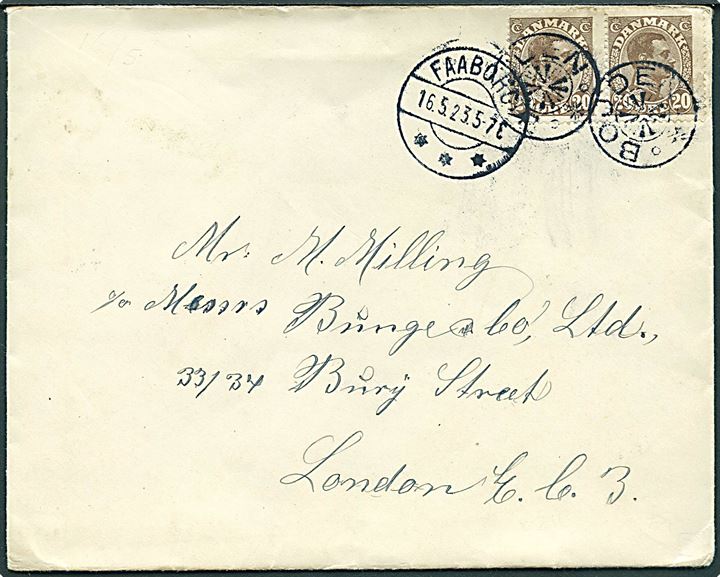20 øre Chr. X i parstykke på brev annulleret med stjernestempel BØJDEN og sidestemplet Faaborg d. 16.5.1923 til London, England.