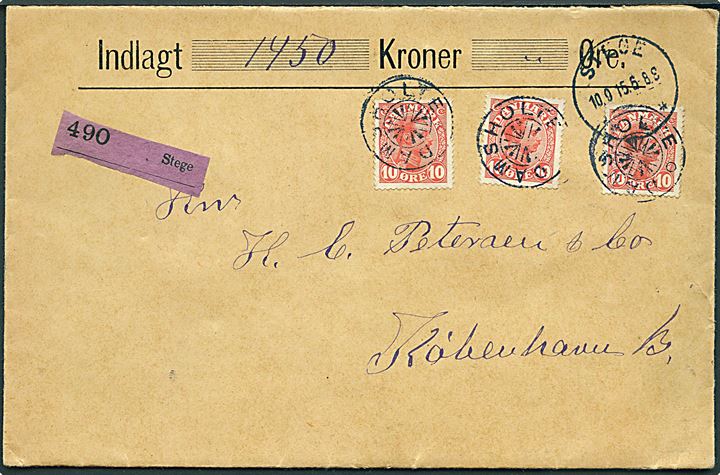 10 øre Chr. X (3) på værdibrev annulleret med stjernestempel DAMSHOLTE og sidestemplet Stege d. 10.9.1915 til København. På bagsiden 2 laksegl fra Damsholte Brevsamlingssted.