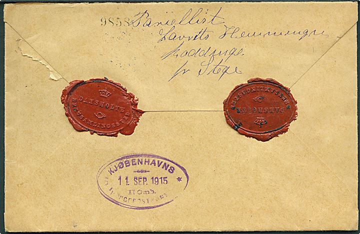 10 øre Chr. X (3) på værdibrev annulleret med stjernestempel DAMSHOLTE og sidestemplet Stege d. 10.9.1915 til København. På bagsiden 2 laksegl fra Damsholte Brevsamlingssted.