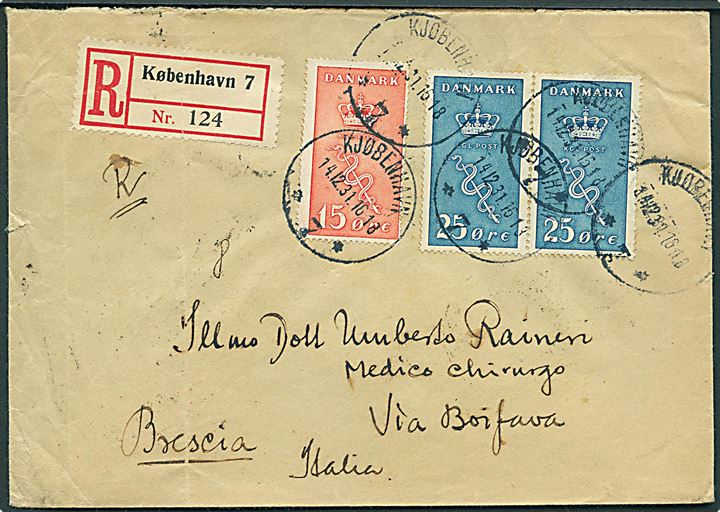 15+5 øre og 25+5 øre (par) Kræftmærke på anbefalet brev fra Kjøbenhavn d. 14.12.1931 til Brescia, Italien.
