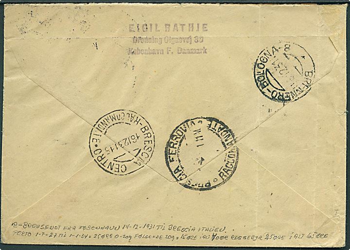 15+5 øre og 25+5 øre (par) Kræftmærke på anbefalet brev fra Kjøbenhavn d. 14.12.1931 til Brescia, Italien.