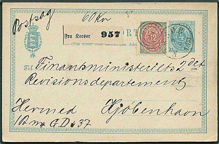 4 øre helsagsbrevkort opfrankeret med 12 øre Tofarvet 9. tryk pos. 81 påskrevet Postsag og anvendt som adressekort annulleret med kombineret nr.stempel 37/Korsør d. 9.6.1882 til Kjøbenhavn.