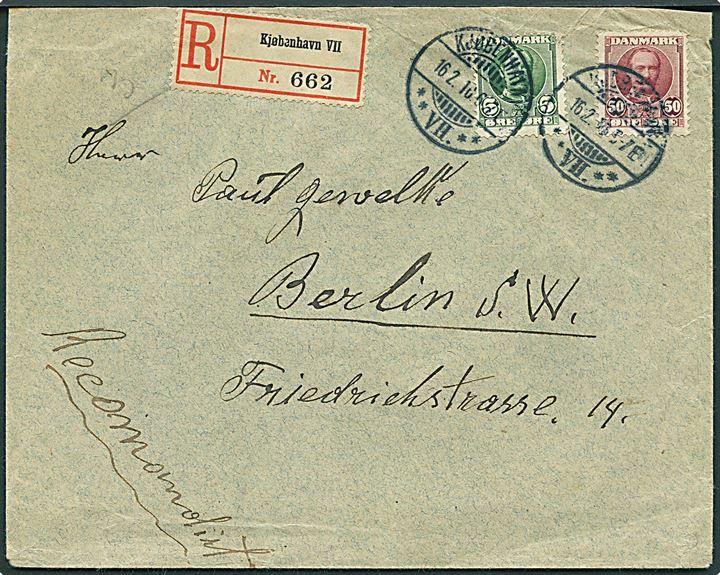 5 øre og 50 øre Fr. VIII på 2. vægtkl. anbefalet brev fra Kjøbenhavn d. 16.2.1910 til Berlin, Tyskland.