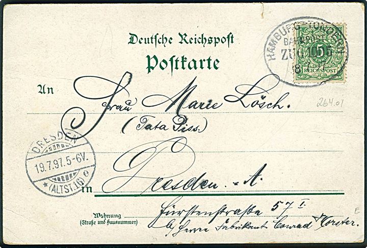 Gruss aus Altona med Central Banegaarden og Posthuset. H. Carly u/no. Frankeret med 5 pfg. Ciffer annulleret Hamburg - Tondern Bahnpost Zug 1005 d. 18.7.1897.