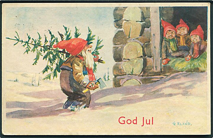 G. Elind: God Jul. Nisse kommer hjem med træ. Mittet & Co., serie 2567. 