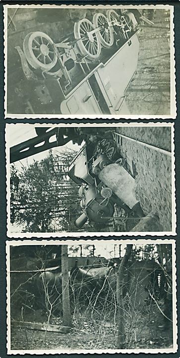 Odense-Middelfart-Bogense Banen. Lokomotiv OMB 4 afsporet ved Stavrby efter sabotage udført af lærer Erik Petersens modstandsgruppe d. 15.2.1945. Sabotagen bevirkede at jernbanen var lukket i 4 dage. 3 foto (5½x9 cm).