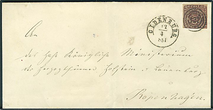 4 R.B.S. Thiele II tæt klippet på brev annulleret med nr.stempel 127 og sidestemplet 1½-ringsstempel Oldenburg. d. 12.4.1854 til København.