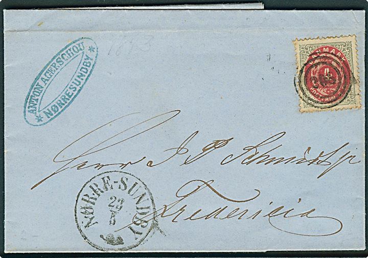 4 sk. Tofarvet på brev annulleret med nr.stempel 208 og sidestemplet antiqua Nørre-Sundby d. 23.5.1873 til Fredericia.