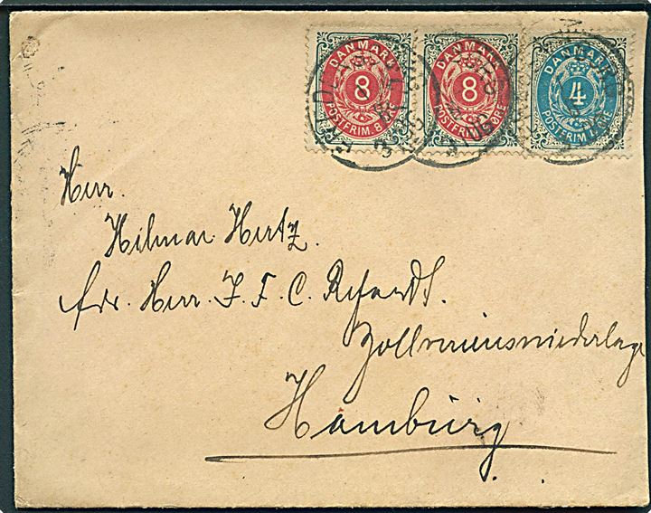 4 øre 59.-60. tryk og 8 øre (2) 64.-65. tryk Tofarvet på brev annulleret med lapidar Fredensborg d. 1.6.1892 til Hamburg, Tyskland.