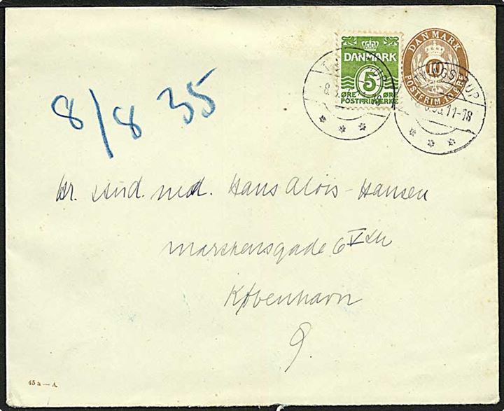10 øre helsagskuvert (fabr. 45a-A) opfrankeret med 5 øre Bølgelinie fra Tvingstrup d. 8.8.1935 til København.