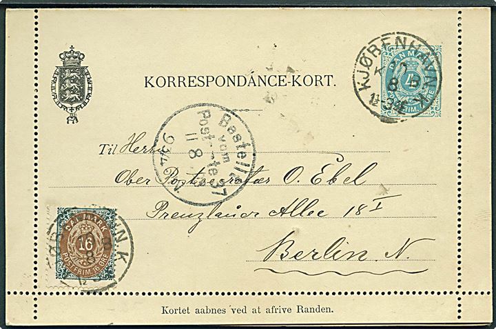 4 øre helsags korrespondancekort med fuld rand opfrankeret med 16 øre Tofarvet 17. tryk pos. 4 fra Kjøbenhavn d. 10.8.1893 til Berlin, Tyskland.