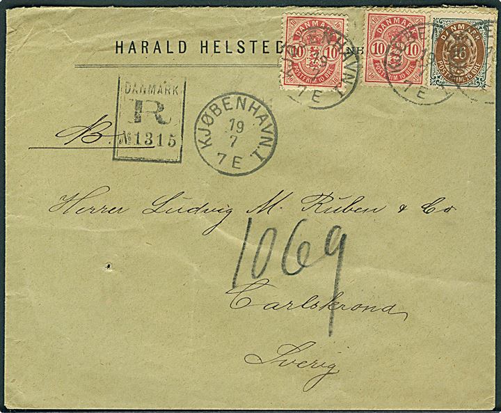10 øre Våben (2) og 16 øre Tofarvet 19. tryk pos. 64 på 2. vægtkl. anbefalet brev fra Kjøbenhavn I d. 19.7.1894 til Carlscrona, Sverige.