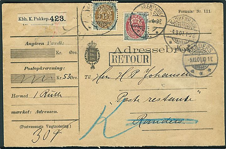 12 øre 29. tryk og 16 øre 30. tryk på adressebrev for pakke fra Kjøbenhavn d. 4.9.1901 til poste restante i Randers. Retur fra Randers d. 5.10.1901 som ikke afhentet.