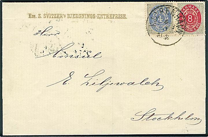4 øre og 8 øre Tofarvet på 12 øre frankeret brev fra Em. Z. Svitzer's Bjergnings-Entreprise i Kjøbenhavn d. 8.11.1876 til Stockholm, Sverige.