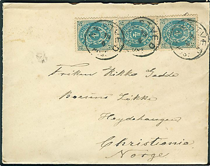 4 øre Tofarvet (3) på brev fra Næstved d. 19.4.1887 til Christiania, Norge.