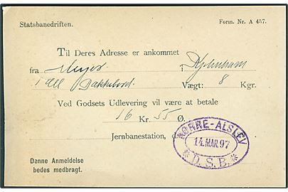 5 øre Våben på adviskort fra Statsbanedriften i Nørre-Alslev d. 14.3.1897 til Vennerslund pr. Guldborg. På bagsiden violet jernbanestempel: NØRRE-ALSLEV * D.S.B. * d. 14.3.1897.