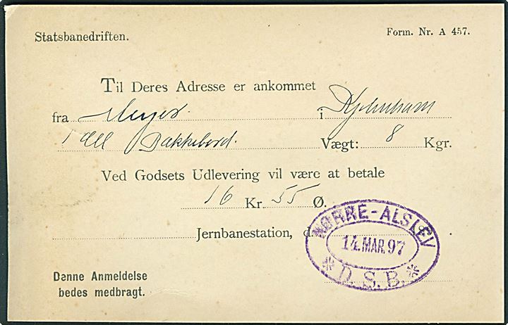 5 øre Våben på adviskort fra Statsbanedriften i Nørre-Alslev d. 14.3.1897 til Vennerslund pr. Guldborg. På bagsiden violet jernbanestempel: NØRRE-ALSLEV * D.S.B. * d. 14.3.1897.