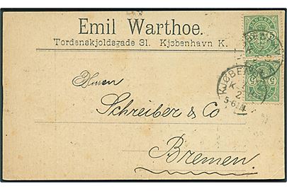 5 øre Våben (2) på brevkort fra Kjøbenhavn d. 7.2.189x til Bremen, Tyskland.
