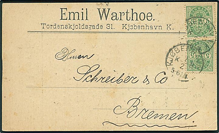 5 øre Våben (2) på brevkort fra Kjøbenhavn d. 7.2.189x til Bremen, Tyskland.