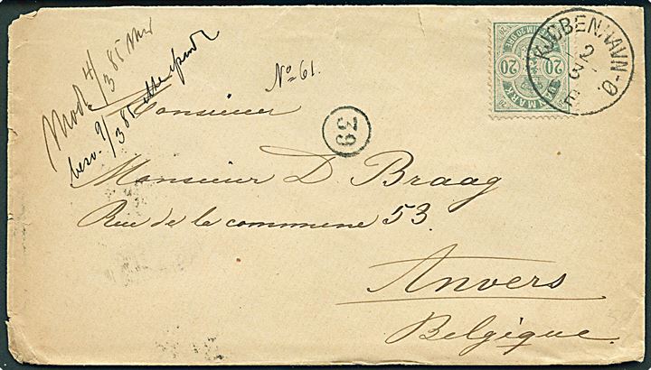 20 øre Våben på brev annulleret med lapidar Kjøbenhavn - Ø d. 2.3.1885 til Anvers, Belgien.