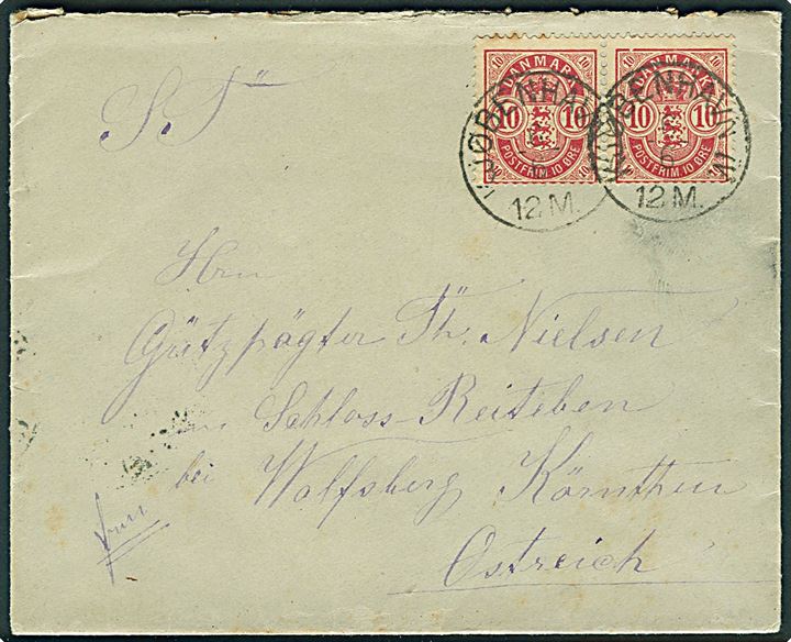 10 øre Våben i parstykke på brev fra Kjøbenhavn IV. d. 6.6. ca. 1896 til Wolfsberg, Kärnten, Østrig.