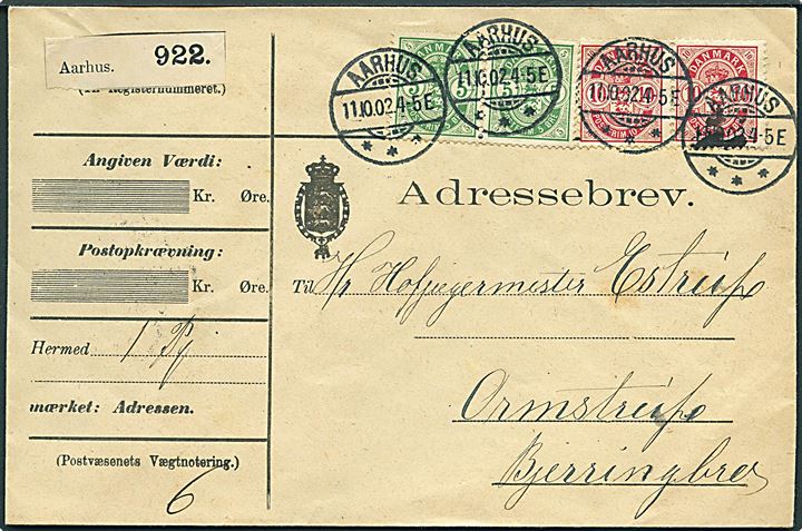 5 øre (par) og 10 øre (par) Våben på adressekort for pakke fra Aarhus d. 11.10.1902 til Ormstrup pr. Bjerringbro.