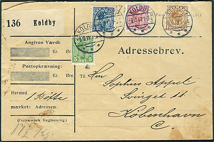 5 øre, 20 øre, 50 øre og 1 kr. Chr. X på adressebrev for pakke annulleret med brotype IIa Koldby d. 9.10.1917 til København.