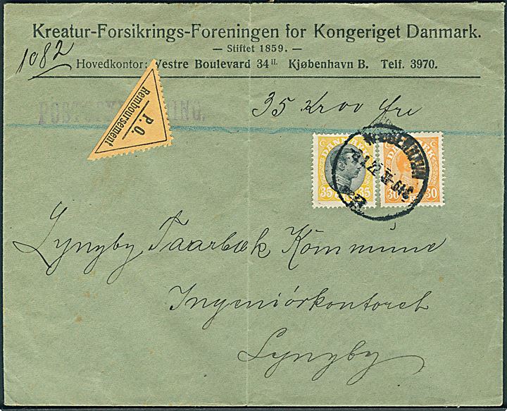 30 øre og 35 øre Chr. X på brev med postopkrævning fra Kjøbenhavn d. 6.1.1922 til Lyngby. Fold.