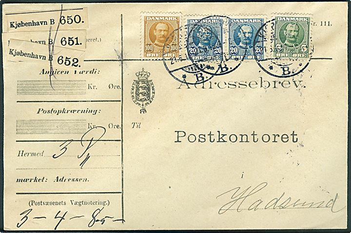 5 øre, 20 øre (par) og 100 øre Fr. VIII på adressebrev for 3 pakker fra Kjøbenhavn d. 21.6.1912 til Hadsund.