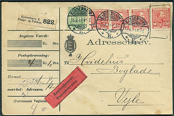 5 øre Våben og 10 øre Chr. IX (4) på adressebrev for pakke med opkrævning fra Kjøbenhavn d. 15.2.1906 til Vejle. Et mærke indrammet og stillet til modtagerens disposition.