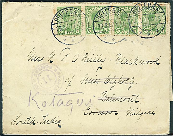 5 øre Chr. X (4) på brev annulleret med brotype IIa Hellebæk d. 23.6.1917 til Indien. Åbnet af indisk censur.