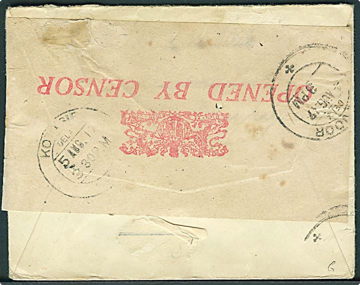 5 øre Chr. X (4) på brev annulleret med brotype IIa Hellebæk d. 23.6.1917 til Indien. Åbnet af indisk censur.