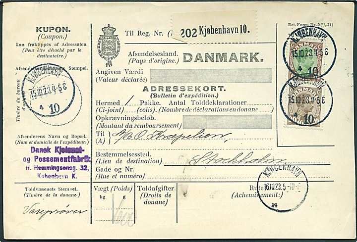 20 øre og 70 øre Chr. X på internationalt adressekort for pakke fra Kjøbenhavn d. 15.10.1923 til Stockholm, Sverige.